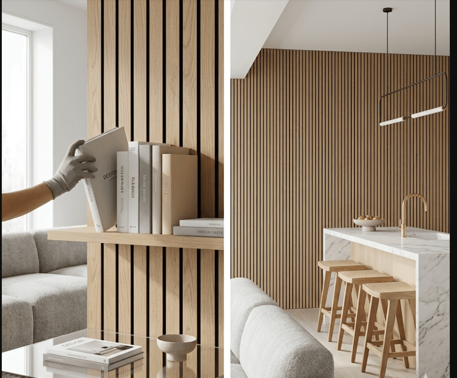 Light oak acoustic wall panels in a living room