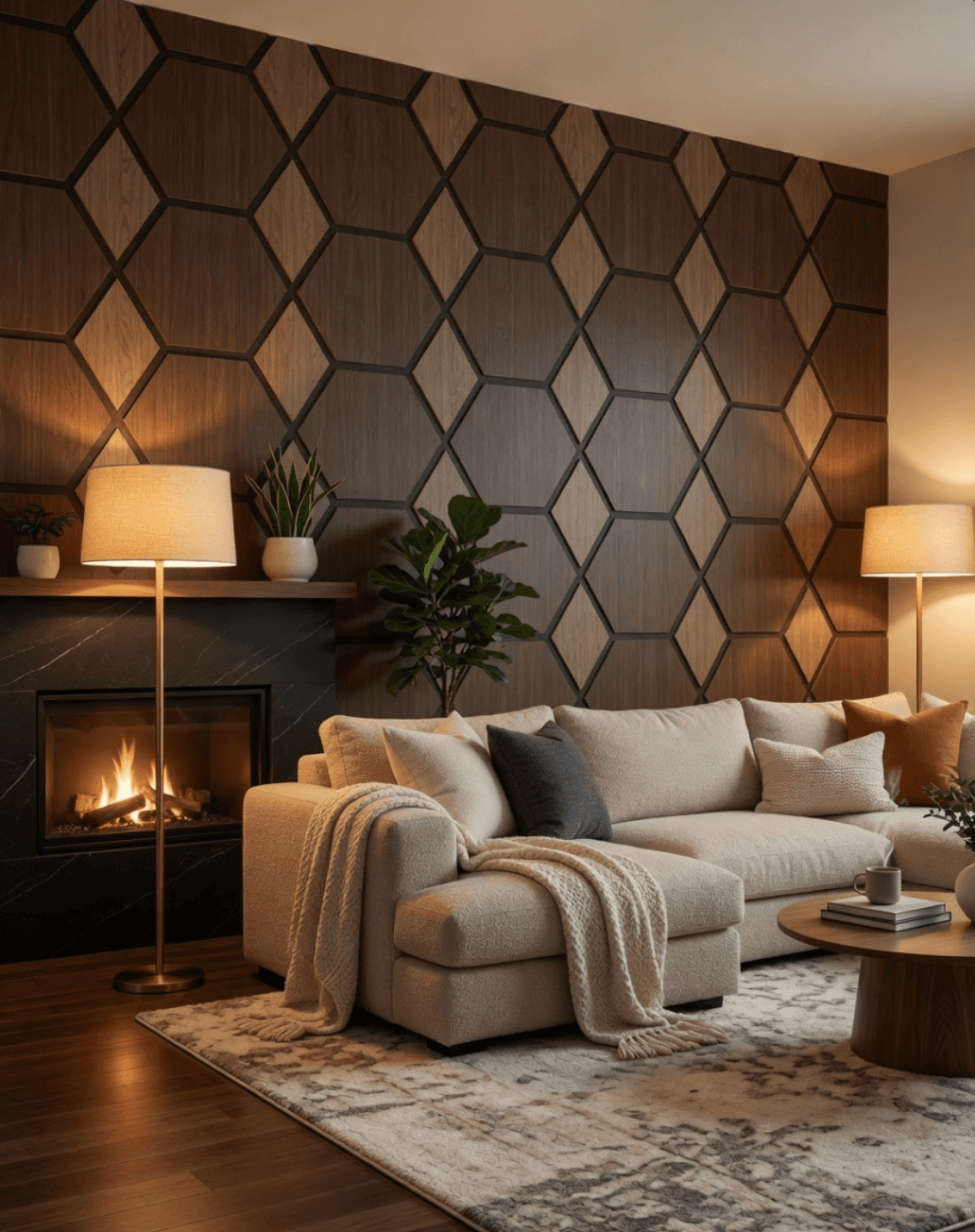Hexagonal acoustic wall panels feature wall