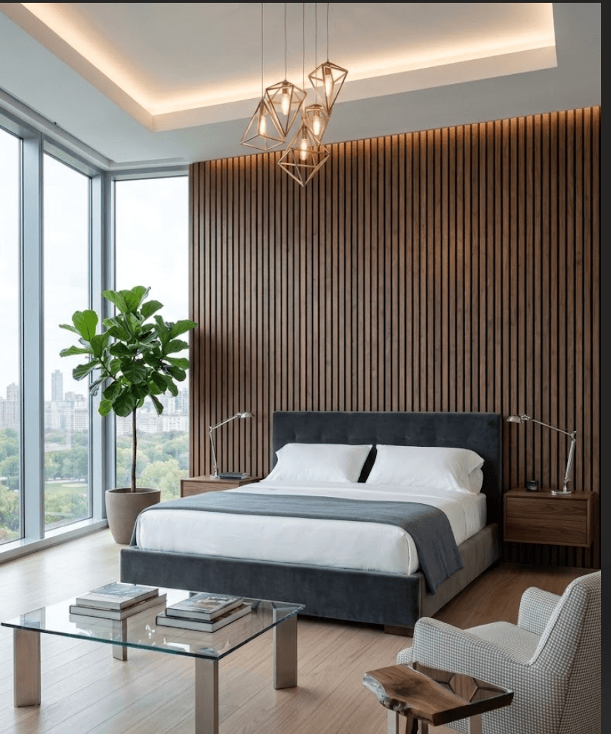 Walnut acoustic wall panels in a modern interior